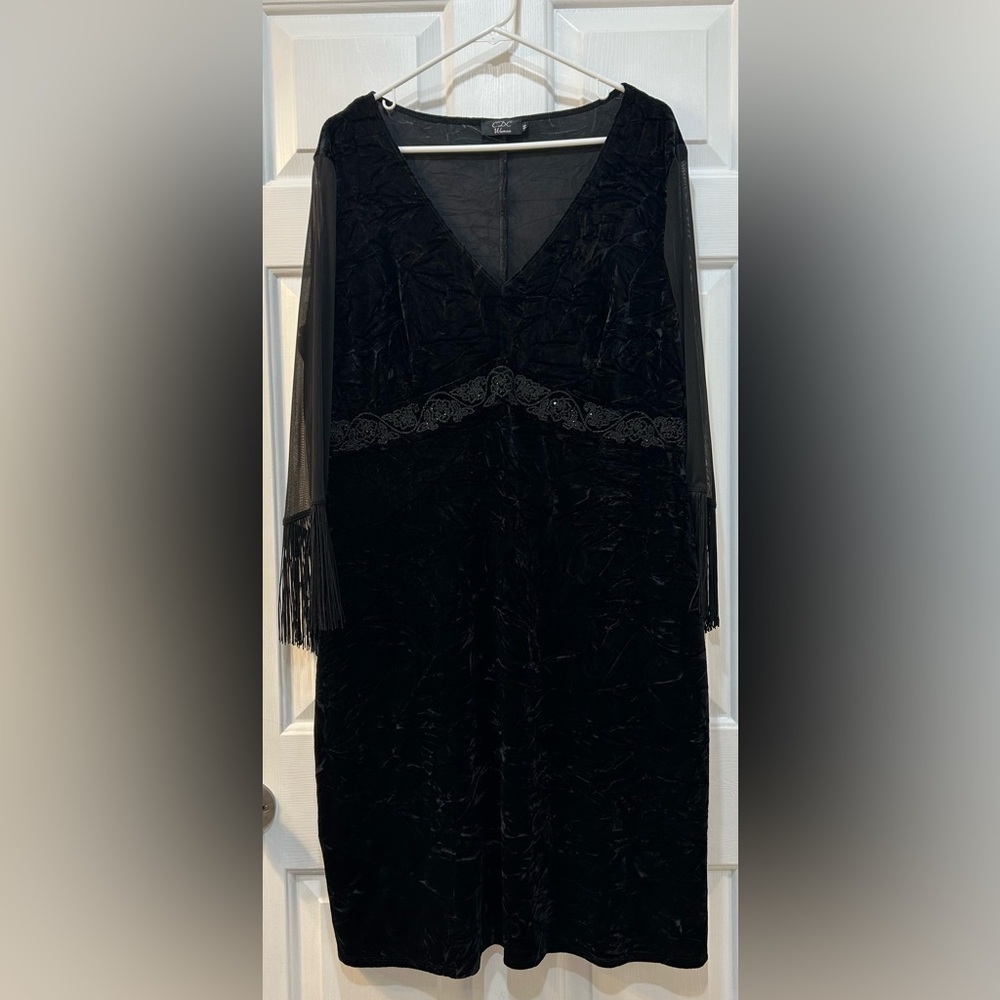 CDC Vtg Black‎ Crushed Velvet Midi Dress 14 NYE Party Event Fringe Beaded Fairy